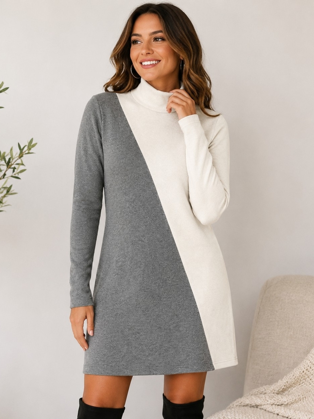 ZARA Women’s Small Gray Ivory Colorblock Mock-Neck Sweater Dress
